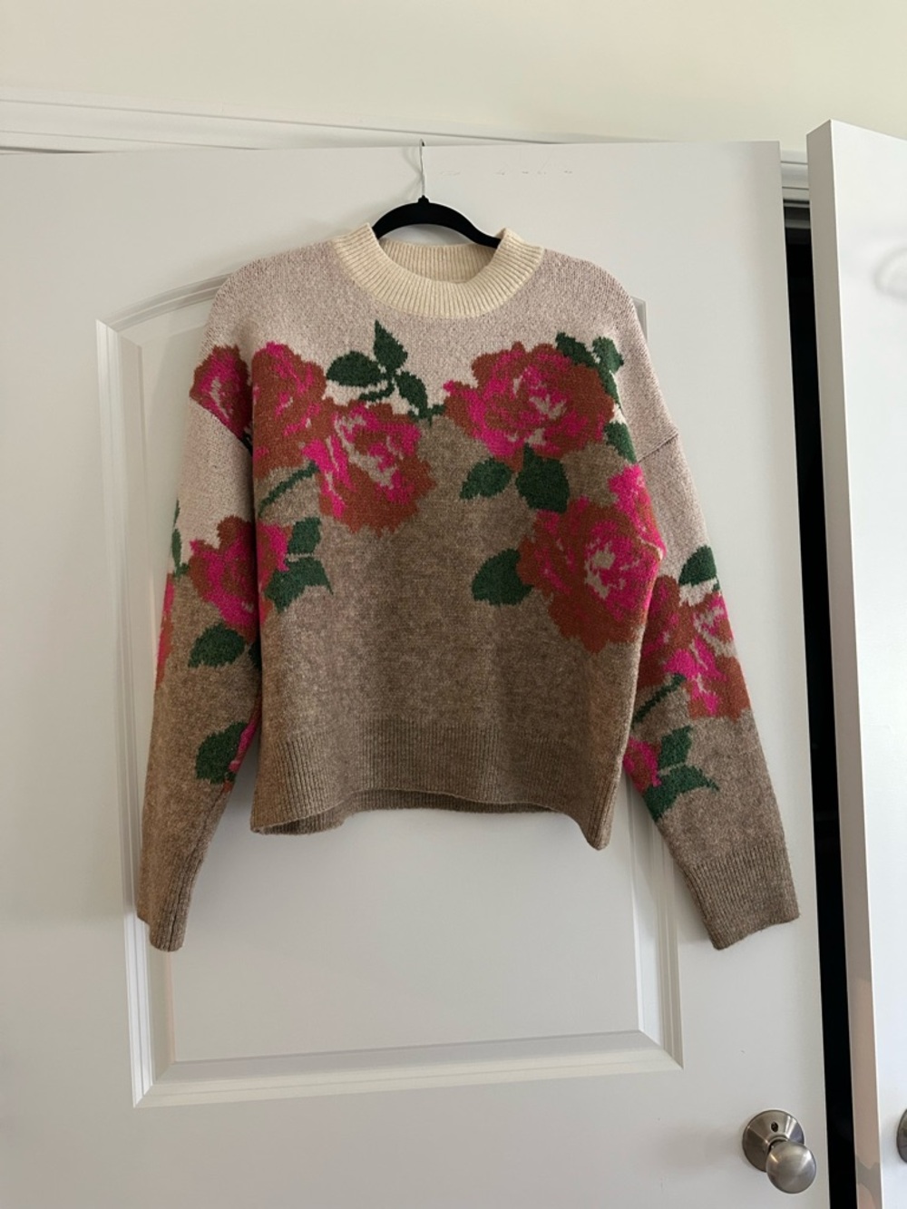 Vici Beige Crewneck Sweater with Pink Floral Pattern